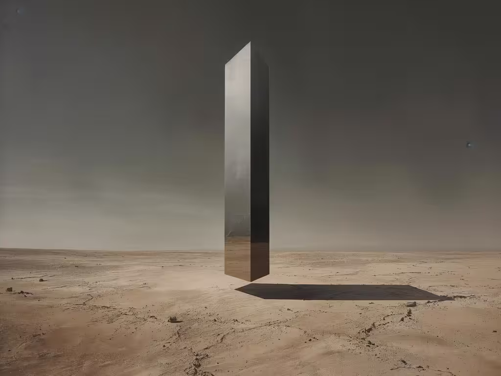 A mysterious floating monolith in a desert.